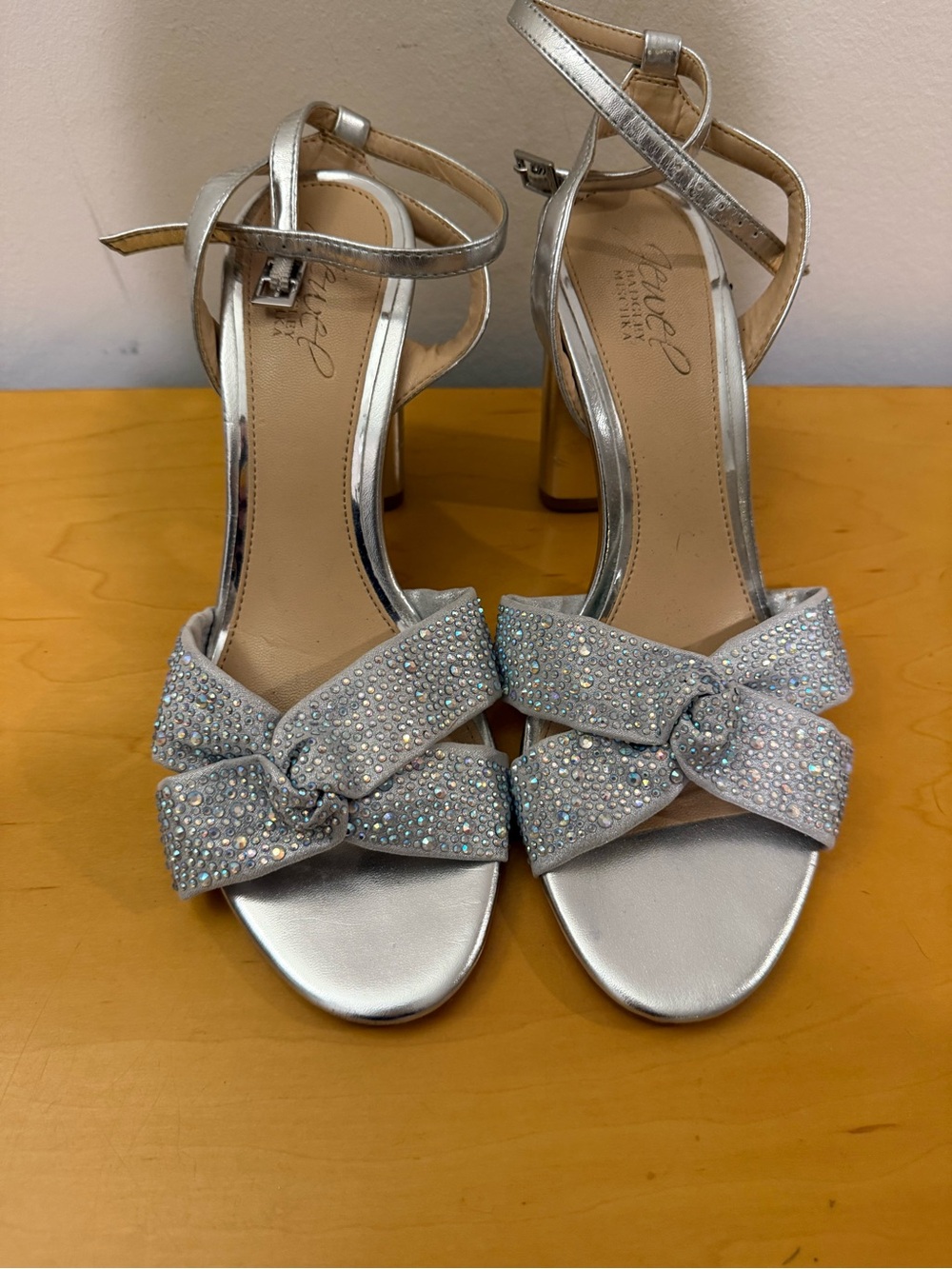 Silver Crystal Bow Ankle-Strap Heels